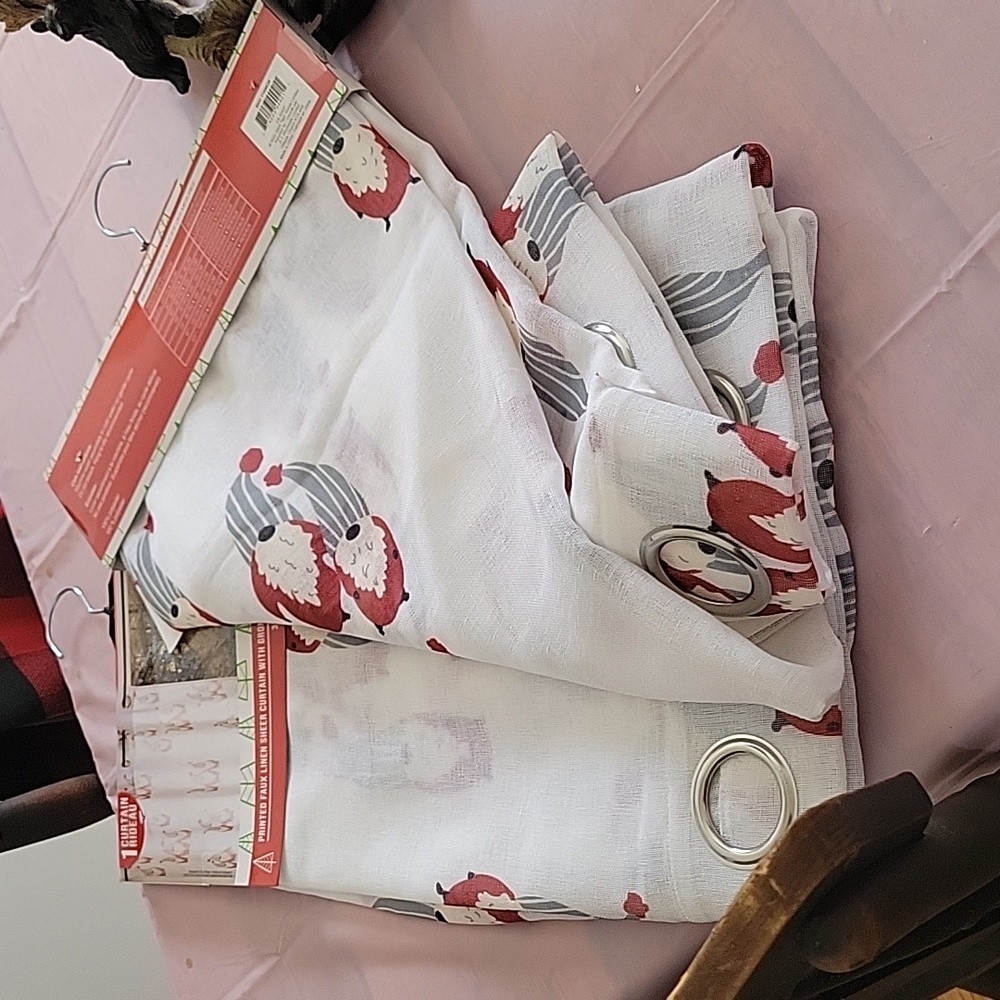 Source Unknown White Sheer Curtains with Red and Gray Gnomes